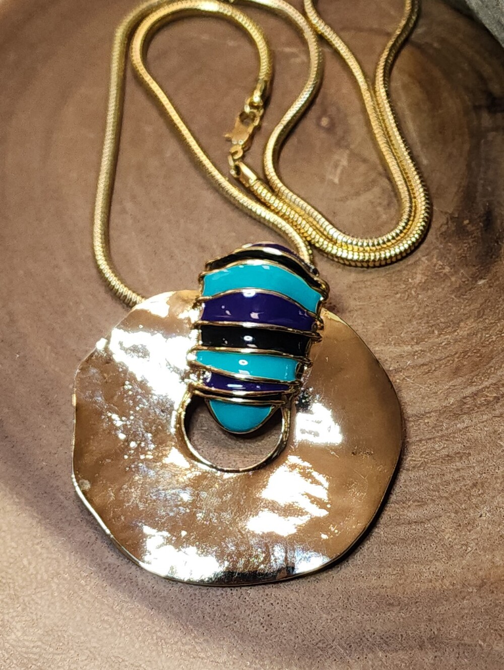 Gold Toned Snake Chain Necklace with Teal, Blue & Black Enamel Pendant - Picture 6 of 9